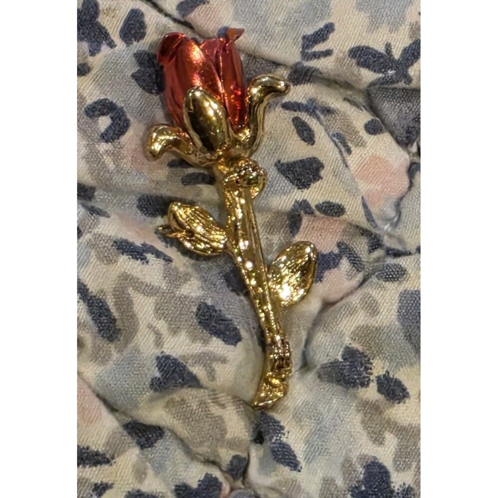 Vintage Red Enamel Rose Brooch Pin Gold Tone Textured Floral Jewelry